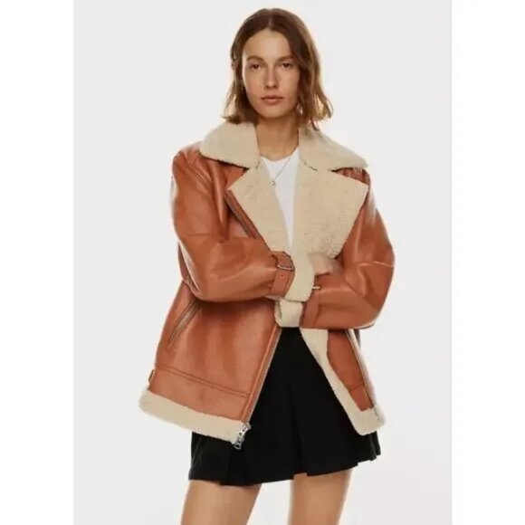BRAND NEW - Aritzia Wilfred - Oversized Shearling & Vegan Leather Aviator Jacket - Picture 1 of 4
